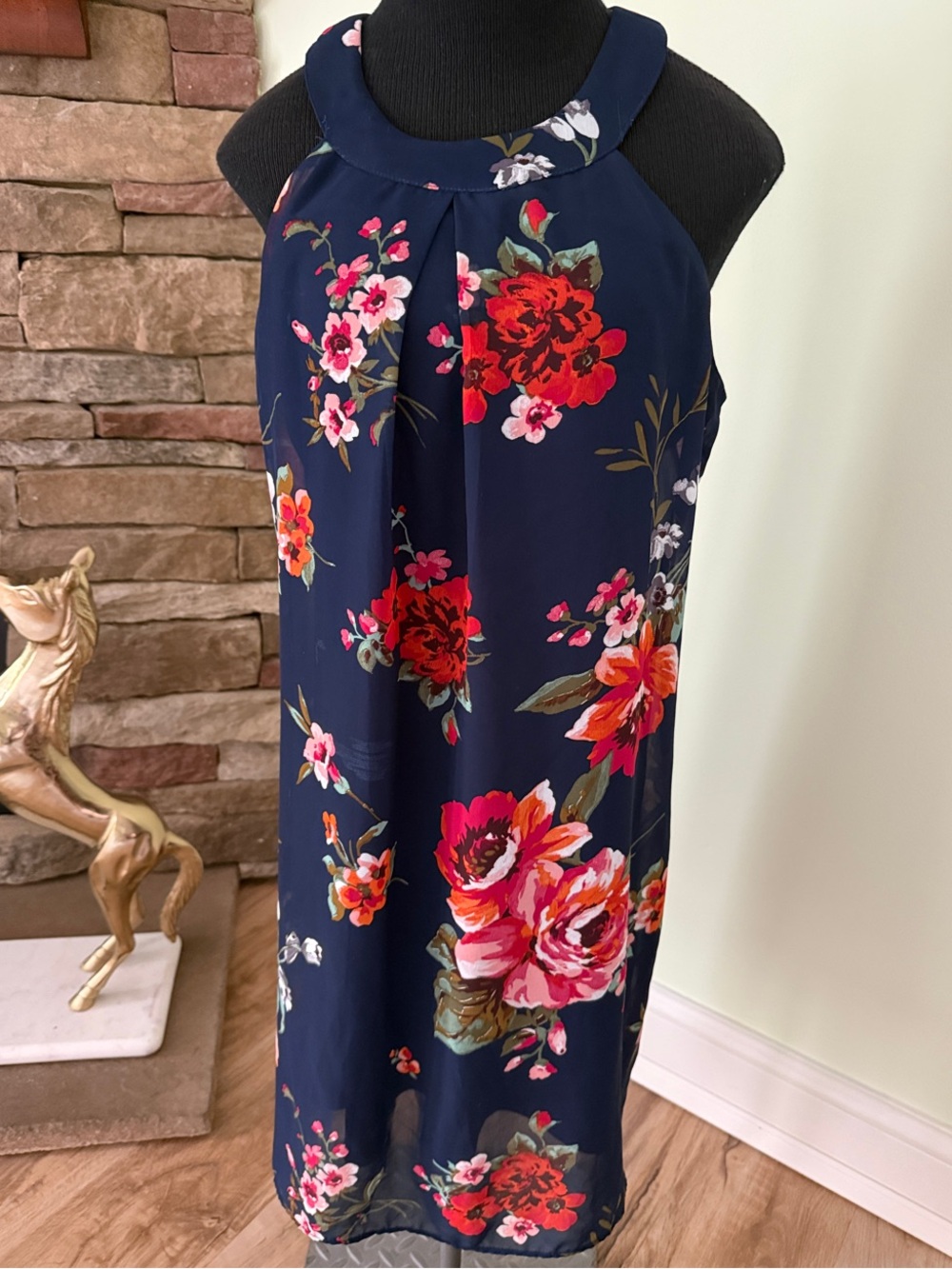Iz Byer Navy Floral Halter Dress with Red & Pink Blooms